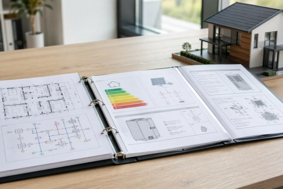 Carnet d'information du logement : plans, DPE et notices techniques dans un classeur ouvert