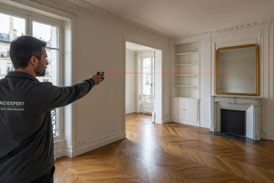 Diagnostiqueur réalisant le mesurage loi Carrez d'un appartement parisien