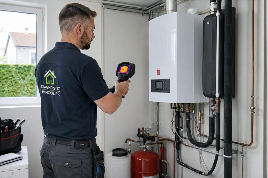 Diagnostiqueur immobilier réalisant un audit énergétique obligatoire avec une caméra thermique sur une chaudière, maison individuelle