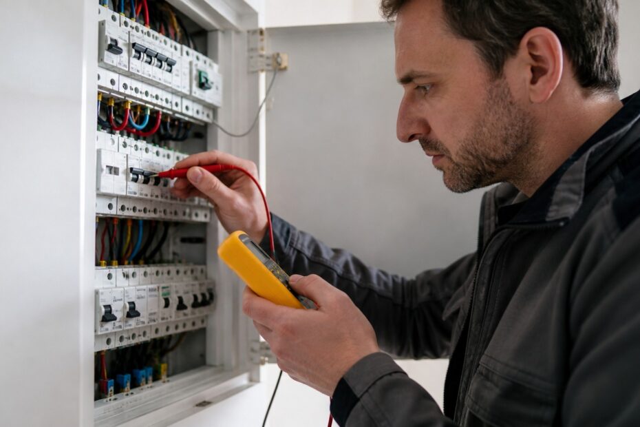 Diagnostiqueur immobilier contrôlant un tableau électrique avec un multimètre