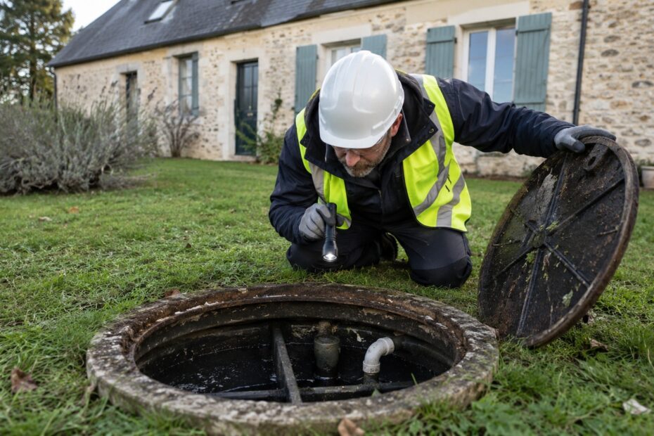 Diagnostiqueur immobilier inspectant un regard d'assainissement non collectif devant une maison de campagne