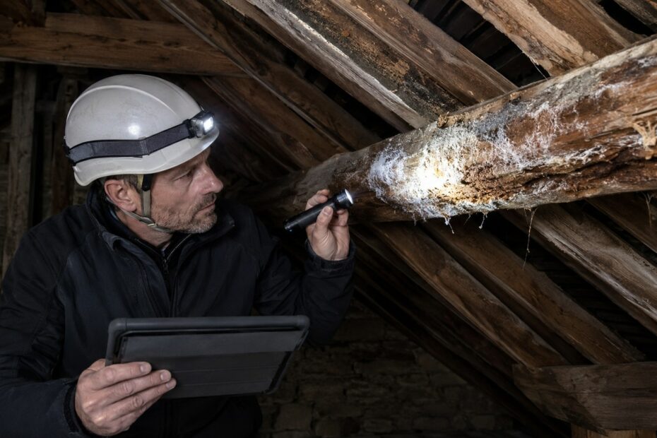 Diagnostiqueur immobilier inspectant à la lampe torche une charpente attaquée par la mérule