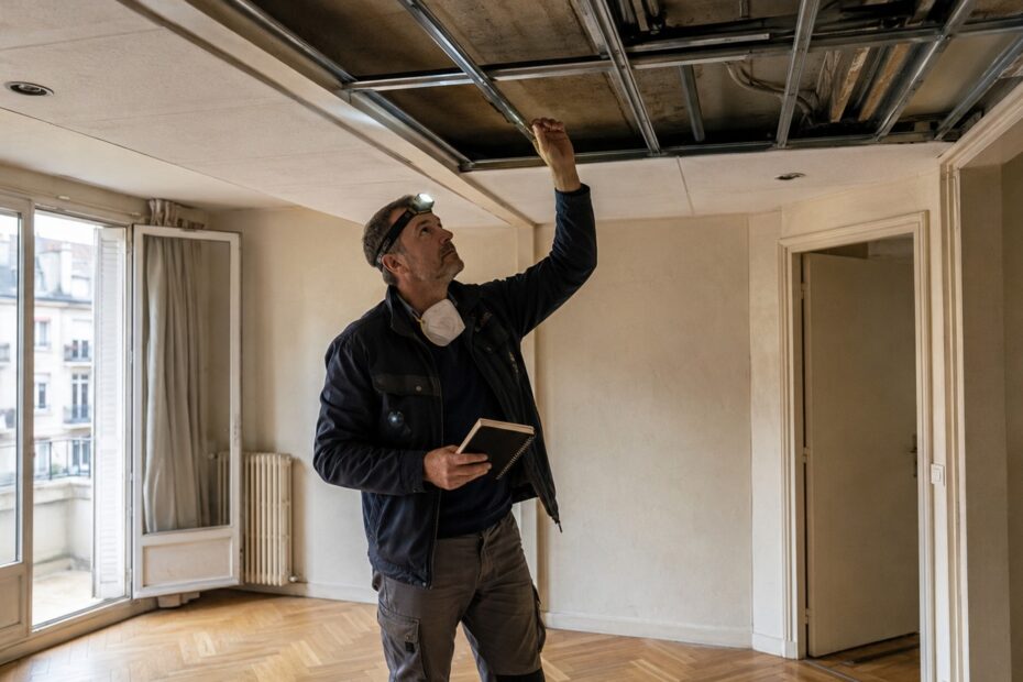 Diagnostiqueur immobilier certifié inspectant un faux plafond dans un appartement ancien pour un diagnostic amiante en location