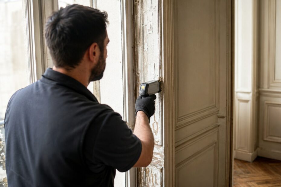 Diagnostiqueur immobilier realisant un CREP dans un logement ancien
