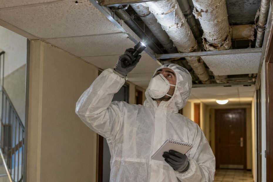 Diagnostiqueur certifie amiante inspectant un faux-plafond et calorifugeages dans un couloir d'immeuble ancien