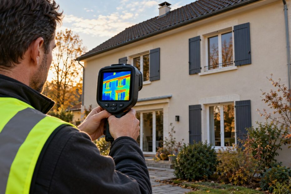 Thermographiste examinant la façade d'une maison avec une caméra thermique infrarouge